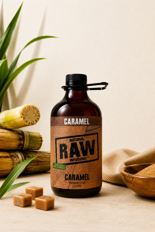 RAW Infusions Caramel Syrup 1L naturally flavoured café syrup by The RAW Liquid Sugar Co