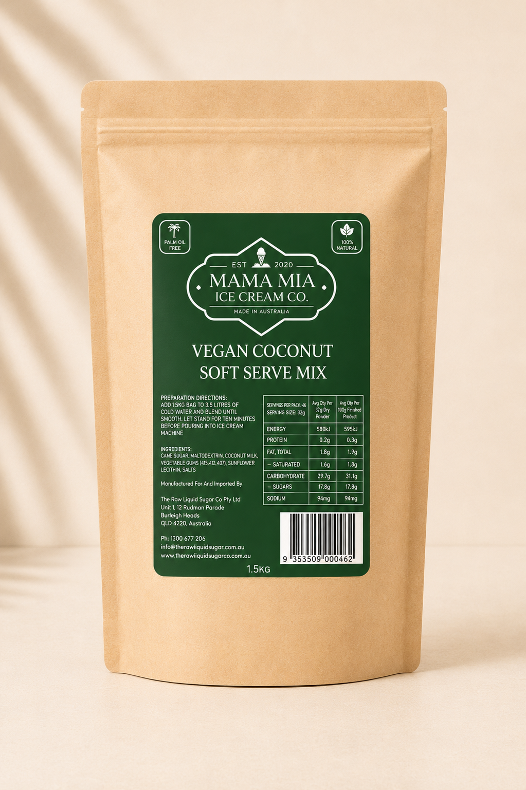 Mama Mia Ice Cream Co Plant Based Coconut Soft Serve Mix 1.5kg